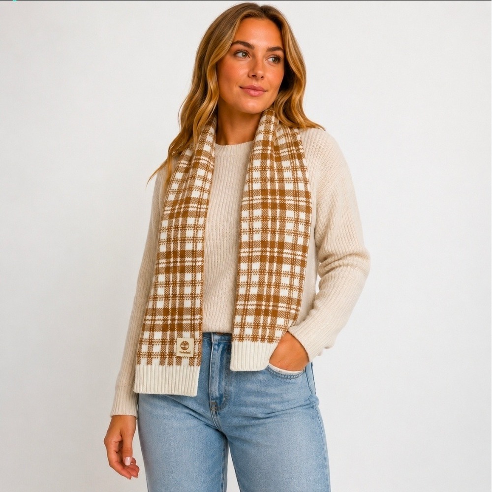 Timberland NWT OS Plaid Knit Scarf Wheat Cream Gorpcore Cabin‎ Classic